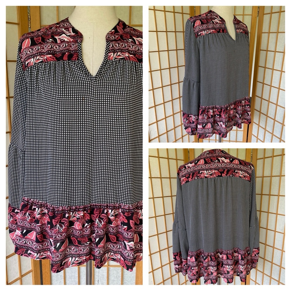 💲 Style & Co Black & White Checked Ruffled Boho Top SZ L